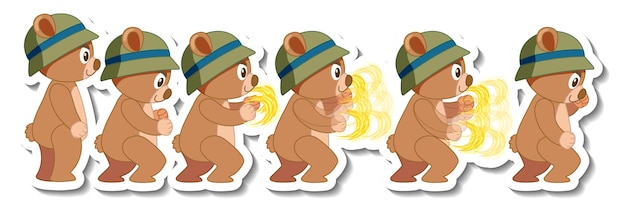 Free vector cute bear cartoon wearing hat sticker side view  set