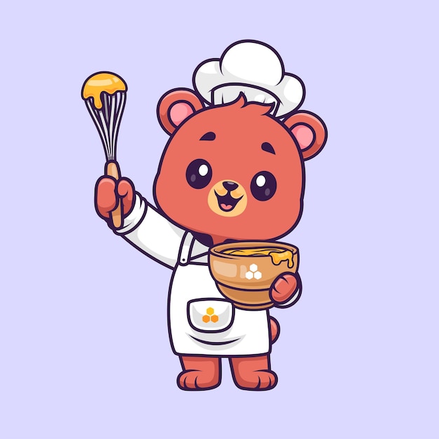 Cute Bear Chef Cooking Honey Cartoon Vector Icon Illustration Animal Food Icon Concept Isolated