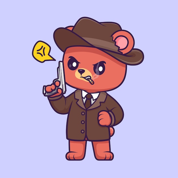 Free vector cute bear detective holding gun pistol cartoon vector icon illustration animal holiday isolated