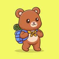 Free vector cute bear hiking with backpack cartoon vector icon illustration animal holiday icon isolated flat