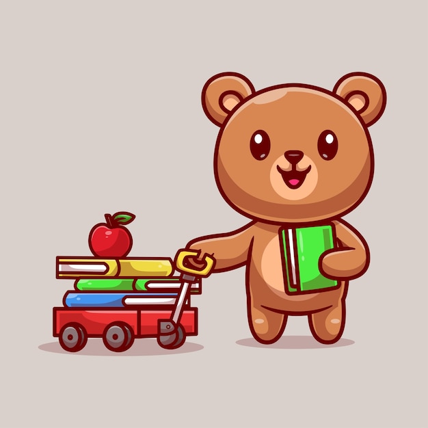 Free Vector cute bear student bring apple and book with trolley cartoon vector icon illustration animal educati