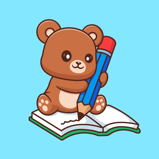 Free vector cute bear writing on book with pencil cartoon vector icon illustration animal education isolated