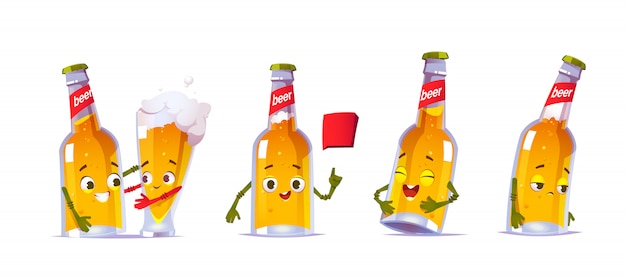 Free vector cute beer bottle character in different poses