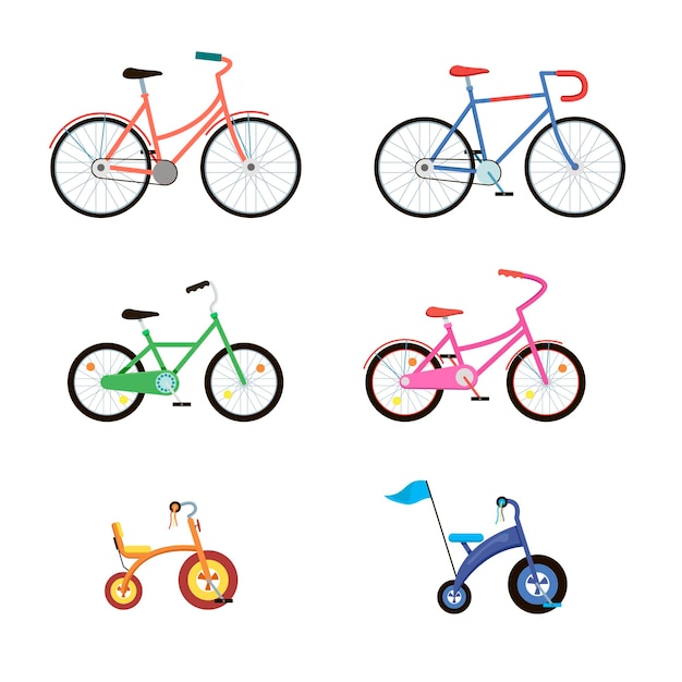 Free Vector cute bicycles of different colors set. illustrations of eco city transport for kids or adults