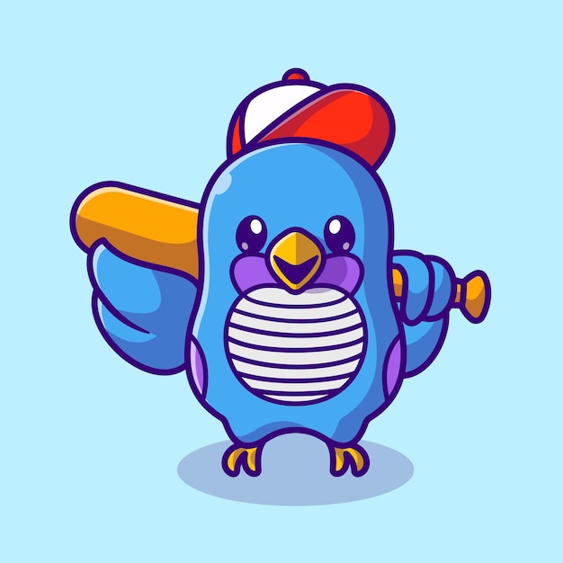 Cute Bird With Hat Holding Baseball Bat Cartoon Vector Icon Illustration. Animal Sport Icon Concept Isolated Premium Vector. Flat Cartoon Style