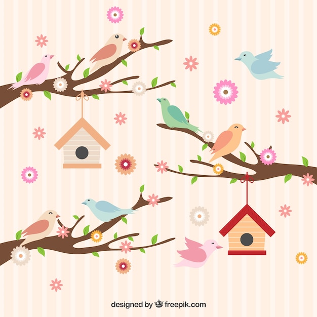 Free Vector cute birds on a branches with flowers