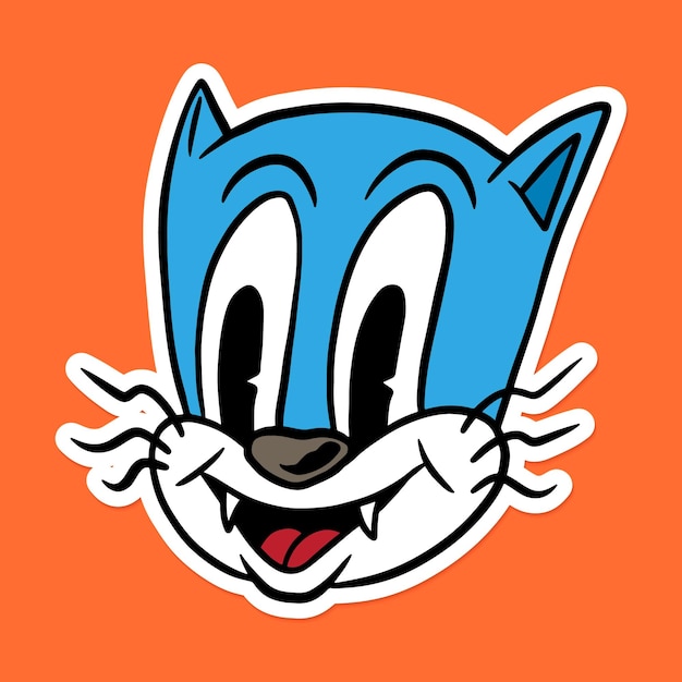 Cute blue cat cartoon sticker on orange background vector