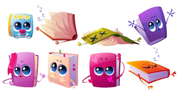 Free vector cute books characters with bookmarks and faces