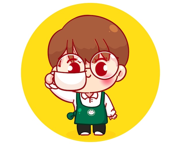 Cute boy Barista in apron holding a coffee cup cartoon character illustration