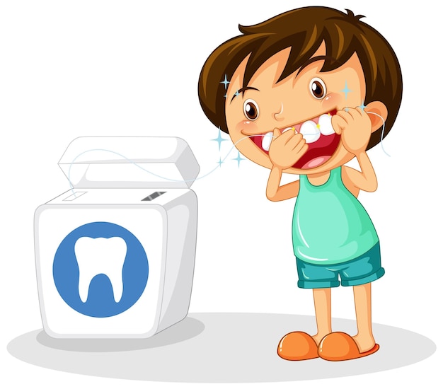 Cute boy cartoon character flossing teeth