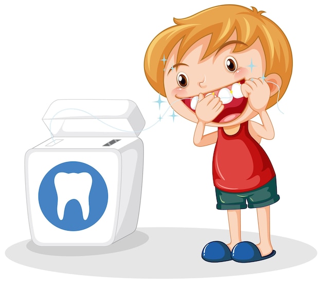 Free Vector cute boy cartoon character flossing teeth