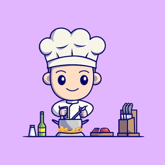 Cute Boy Chef Cooking In Kitchen Cartoon 