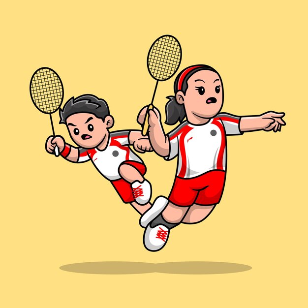 Cute Boy And Girl Playing Badminton Cartoon Vector Icon Illustration. Sport People Icon Concept Isolated Premium Vector. Flat Cartoon Style