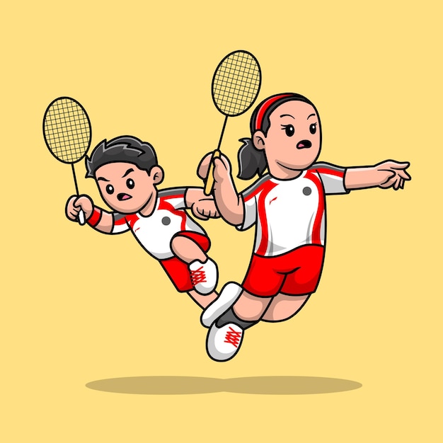 Cute Boy And Girl Playing Badminton Cartoon Vector Icon Illustration. Sport People Icon Concept Isolated Premium Vector. Flat Cartoon Style