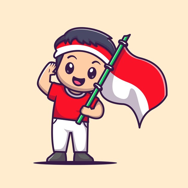 Free Vector cute boy holding indonesian flag cartoon vector icon illustration. people holiday icon concept isolated premium vector. flat cartoon style