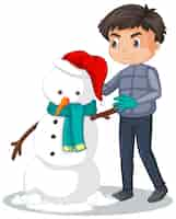 Free vector cute boy making snowman on white