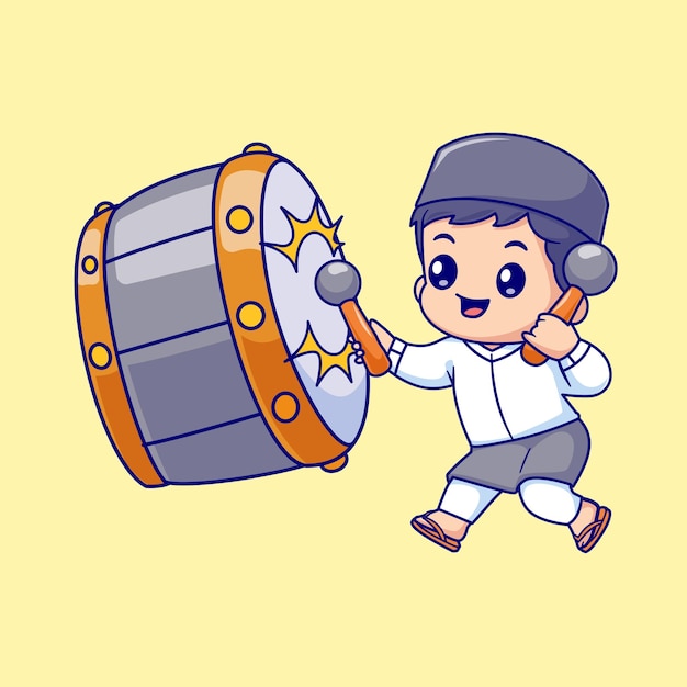 Free Vector cute boy moslem playing drum bedug cartoon vector icon illustration people religion isolated flat