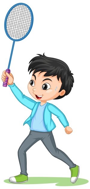 Cute boy playing badminton cartoon character isolated