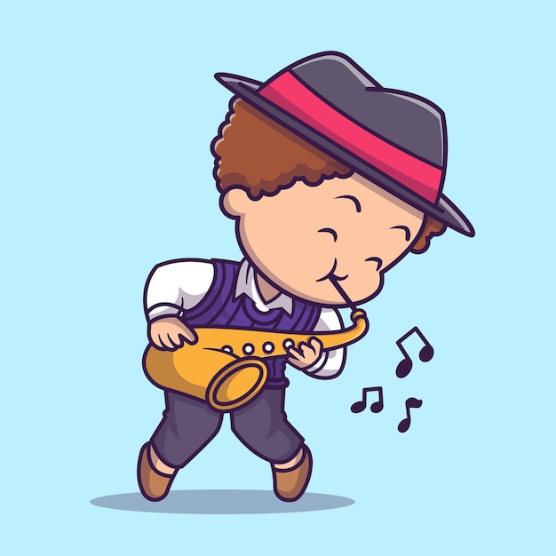 Cute Boy Playing Saxophone Cartoon Vector Icon Illustration. People Music Icon Concept Isolated Premium Vector. Flat Cartoon Style