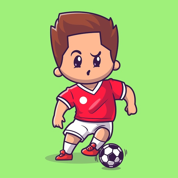 Free vector cute boy playing soccer cartoon vector icon illustration. people sport icon concept isolated premium vector. flat cartoon style