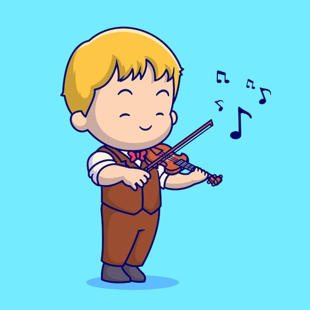 Cute Boy Playing Violin Cartoon Vector Icon Illustration. People Music Icon Concept Isolated Premium