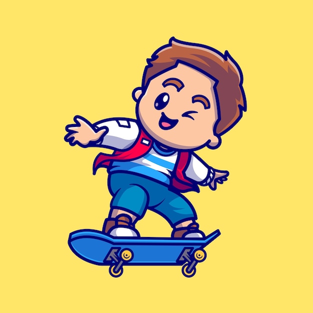 Cute Boy Playing With Skateboard Cartoon Vector Icon Illustration. People Sport Icon Concept Isolated Premium Vector. Flat Cartoon Style