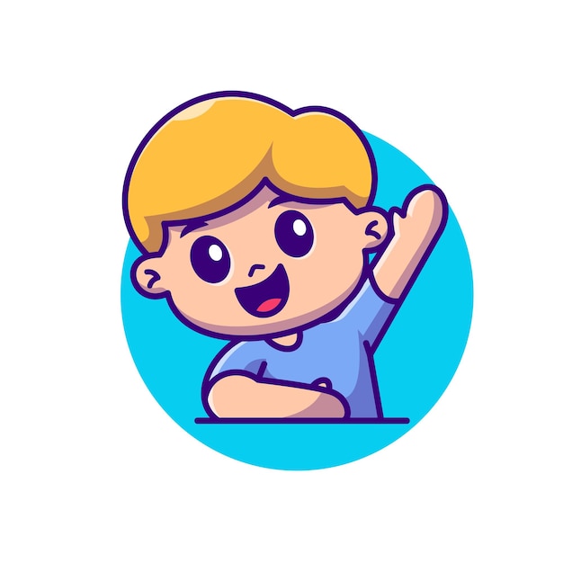 Free Vector cute boy raise hand cartoon vector icon illustration people education isolated flat vector