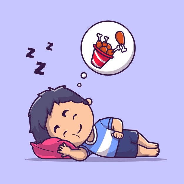 Cute Boy Sleeping Dream Fried Chicken Cartoon Vector Icon Illustration. People Food Icon Concept Isolated Premium Vector. Flat Cartoon Style