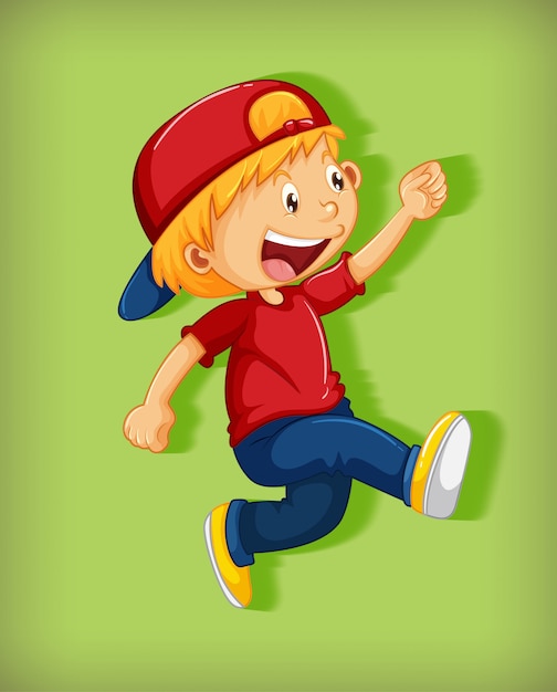 Cute boy wearing red cap with stranglehold in walking position cartoon character isolated on green background