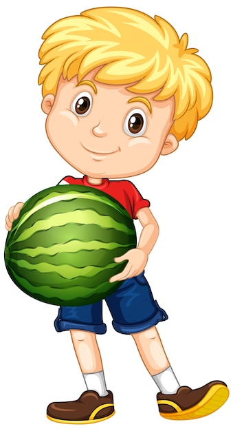 Free vector cute boy with blonde hair holding a watermelon in standing position