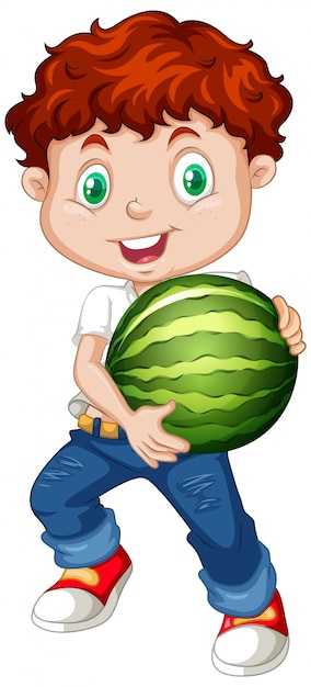 Cute boy with red hair holding watermelon fruit in standing position