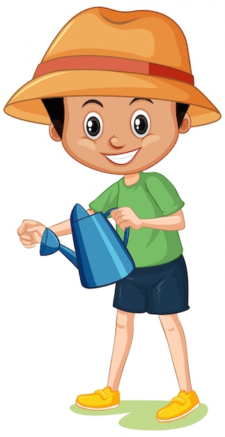 Cute boy with watering can on white