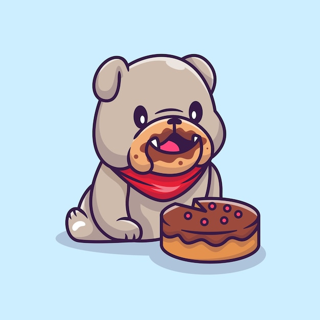 Cute Bulldog Eating Cake Cartoon Vector  Illustration. Animal Food  Concept Isolated  Vector. Flat Cartoon Style