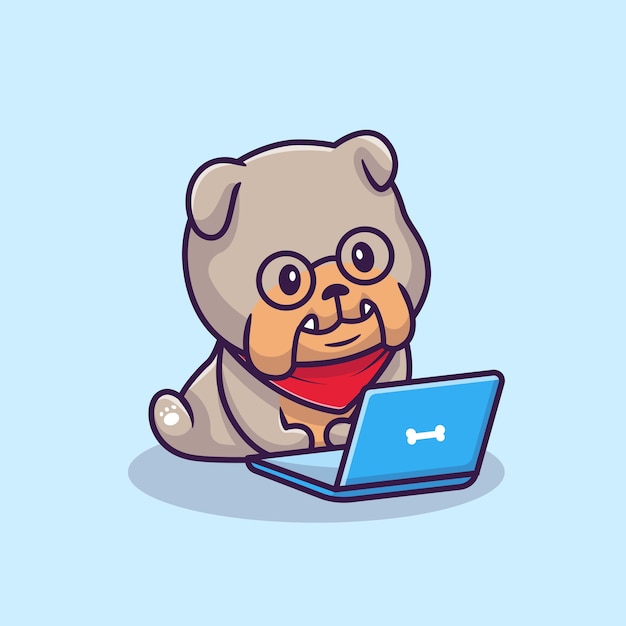 Cute Bulldog Operating Laptop Cartoon Illustration. Animal Technology Icon Concept