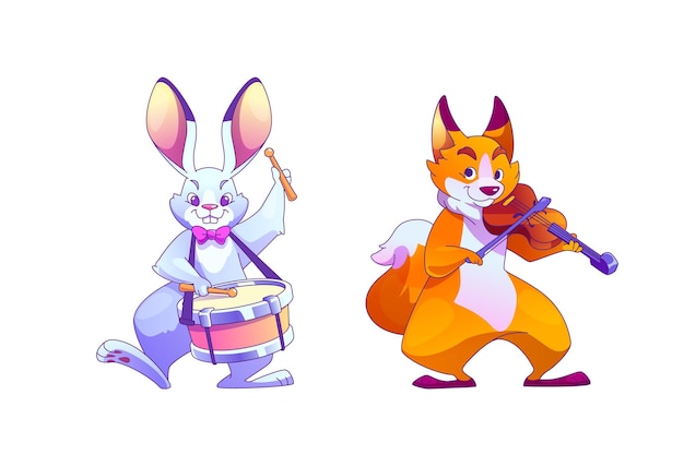 Free Vector cute bunny and fox playing music set