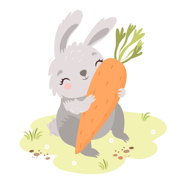 Free vector cute bunny in the meadow with carrot