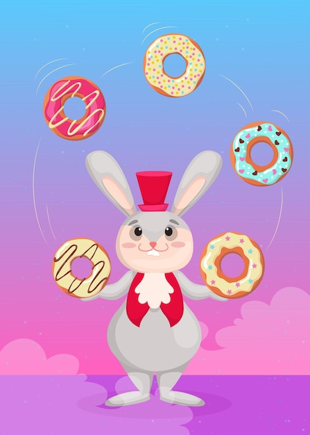 Free Vector cute bunny in red top hat juggling colorful donuts illustration