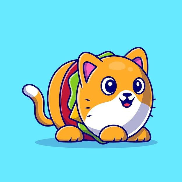 Cute Burger Cat Cartoon Icon Illustration.