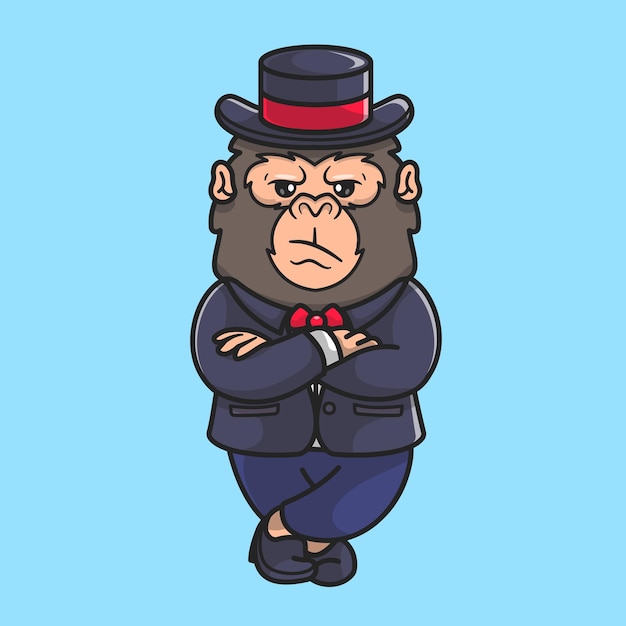 Cute Business Gorilla Wearing Coat And Folded Arms Cartoon Vector Icon Illustration. Animal Business