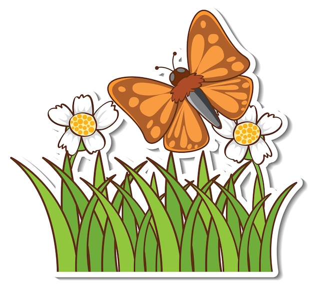 Free Vector a cute butterfly flying above grass field sticker