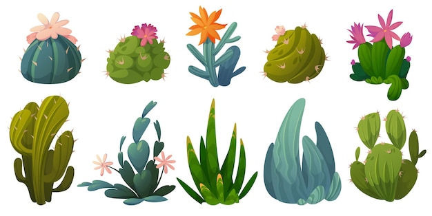 Free Vector cute cactuses, succulents and desert plants with flowers isolated on white background. vector cartoon set of green prickly cacti with blossoms and spikes. icons of houseplant and garden cactaceae