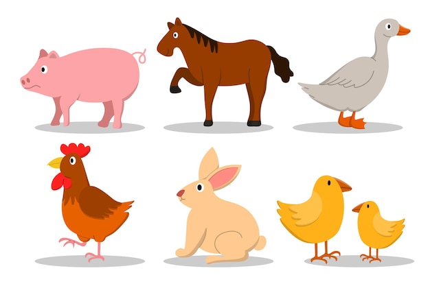 Free Vector cute cartoon animals collection:  farm animals set in flat style isolated on white background. pig, horse, duck, hen, chicken, rabbit, vector illustration