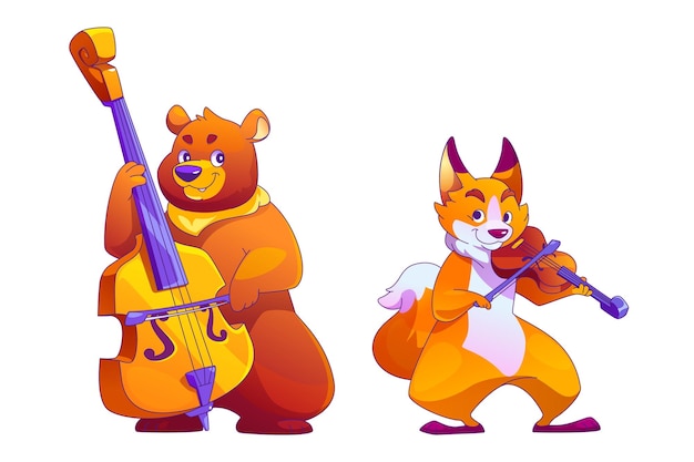 Cute cartoon animals playing music instrument