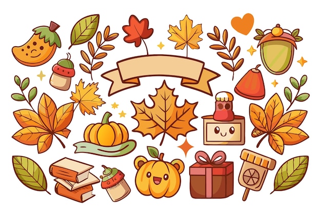 Free vector cute cartoon autumn icons including pumpkins leaves books and a bear