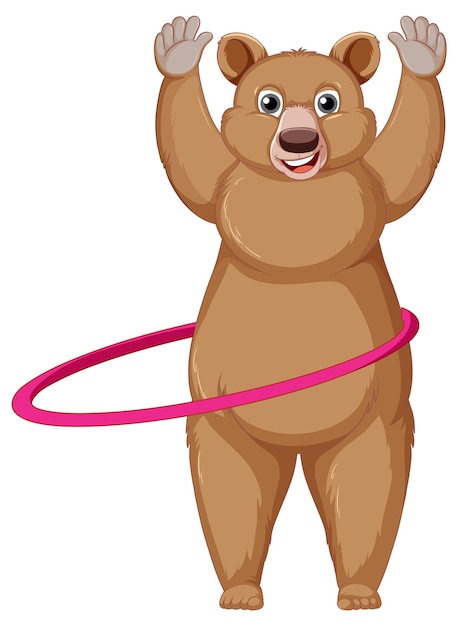 Cute cartoon bear playing hula hoop on white background