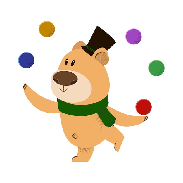 Free Vector cute cartoon bear in top hat and green scarf juggling