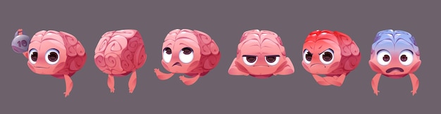 Free vector cute cartoon brain character do exercise with emotion expression vector illustration memory fitness training comic organ with dumbbell isolated tired angry and shocked knowledge mascot face