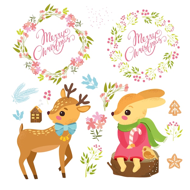 Free vector cute cartoon characters with christmas wreaths and plants set