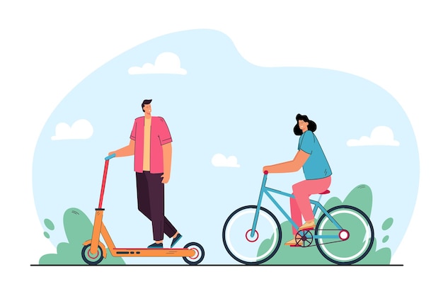 Cute cartoon couple riding ecological personal transport. Man on electric scooter, woman on bicycle outside flat illustration