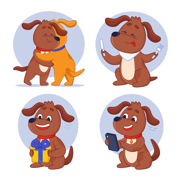 Free Vector cute cartoon dog hugging friend eating receiving present using mobile phone set